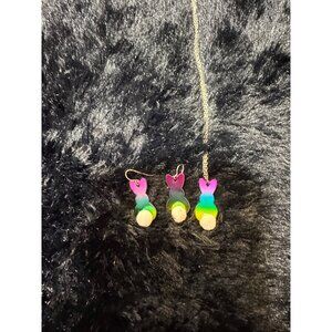 Clairs Rainbow Bunny Earrings & Necklace Jewelry Set With Pom-Pom Accents